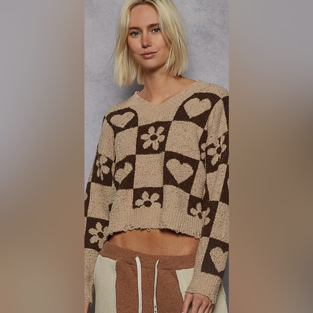 NEW POL Mocha/Brown Heart/Checkered/Flower Design Sweater